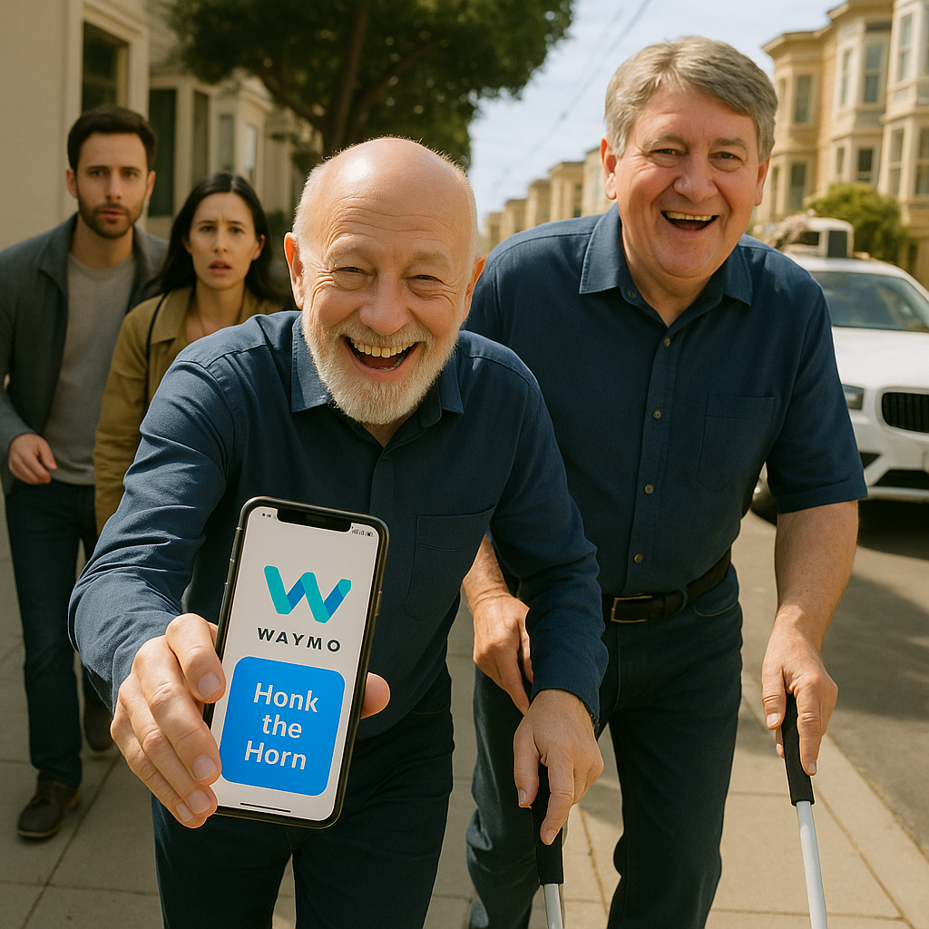 Two visually impaired men summoning a Waymo ride in San Francisco using the mobile app