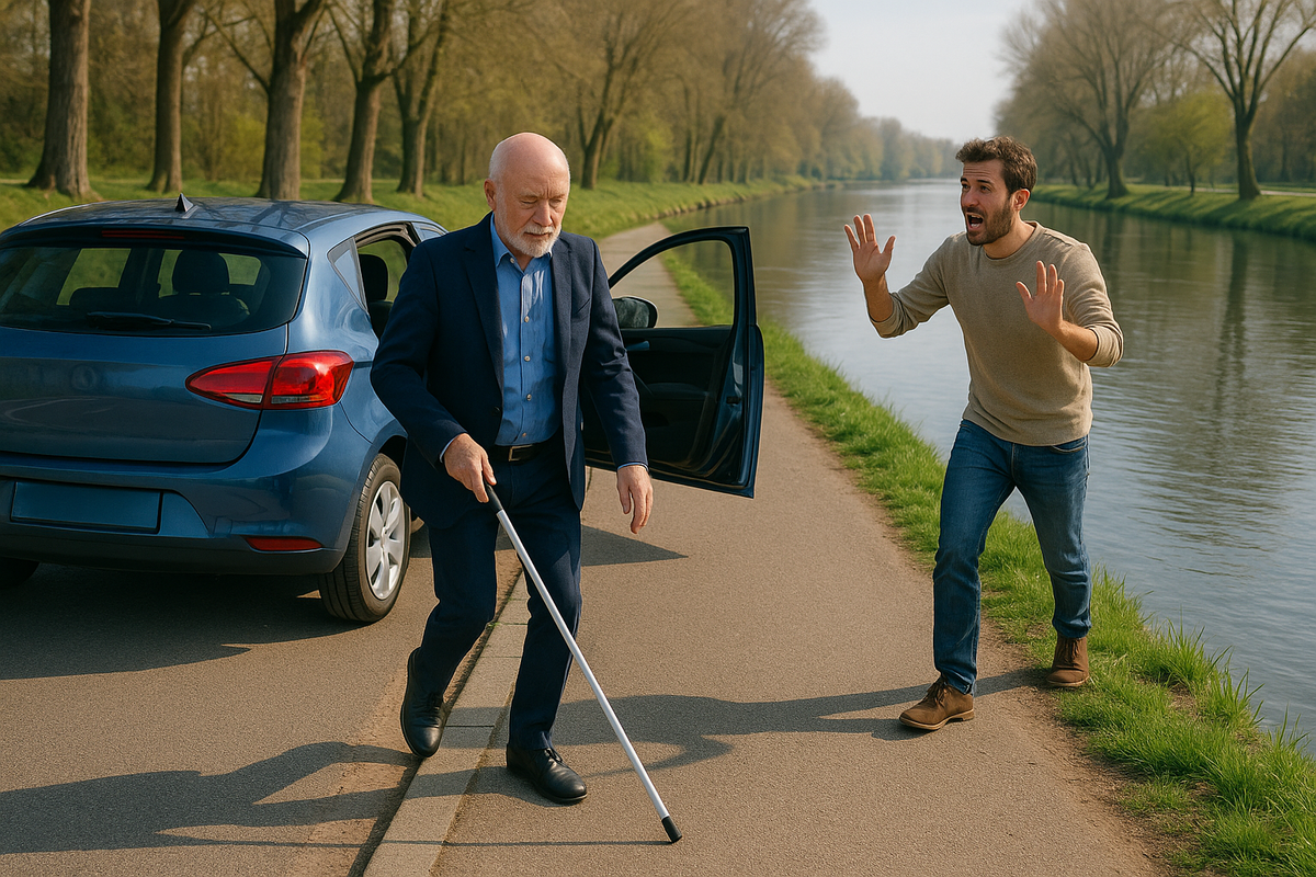 Image of a blind man, walking towards a river while an onlooker shouts to prevent him falling in