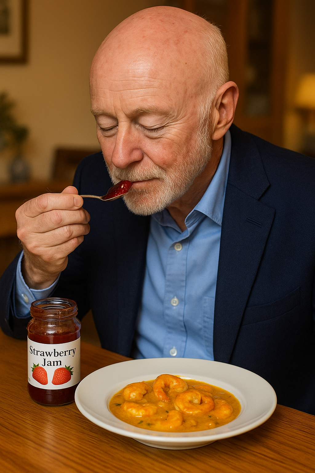 A man sniffing strawberry jam, while sat in front of a plate of prawn curry