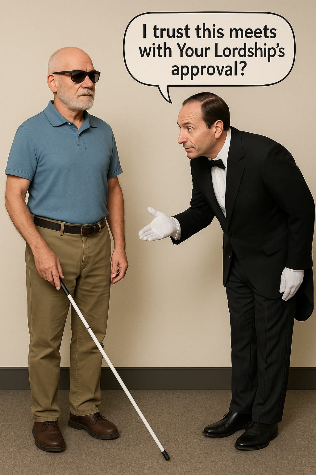 A butler saying to a blind man “I trust this meets with Your lordship’s approval