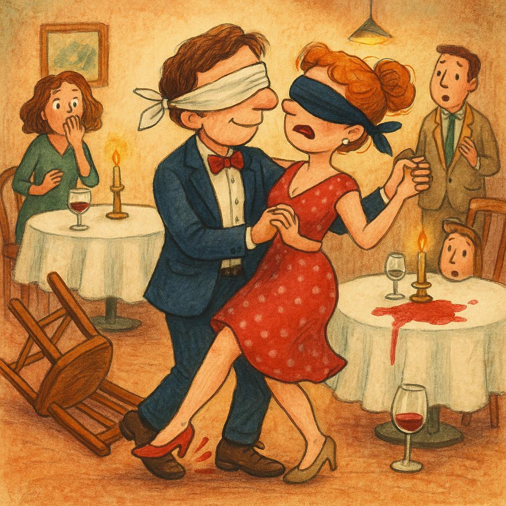Image of a blind folded couple chaotically waltzing in a crowded restaurant