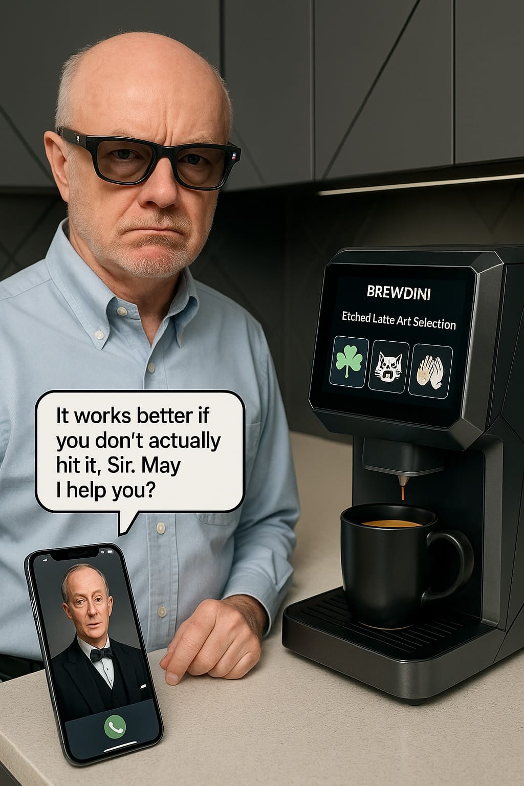 Image of a man baffled by a high tech coffee machine