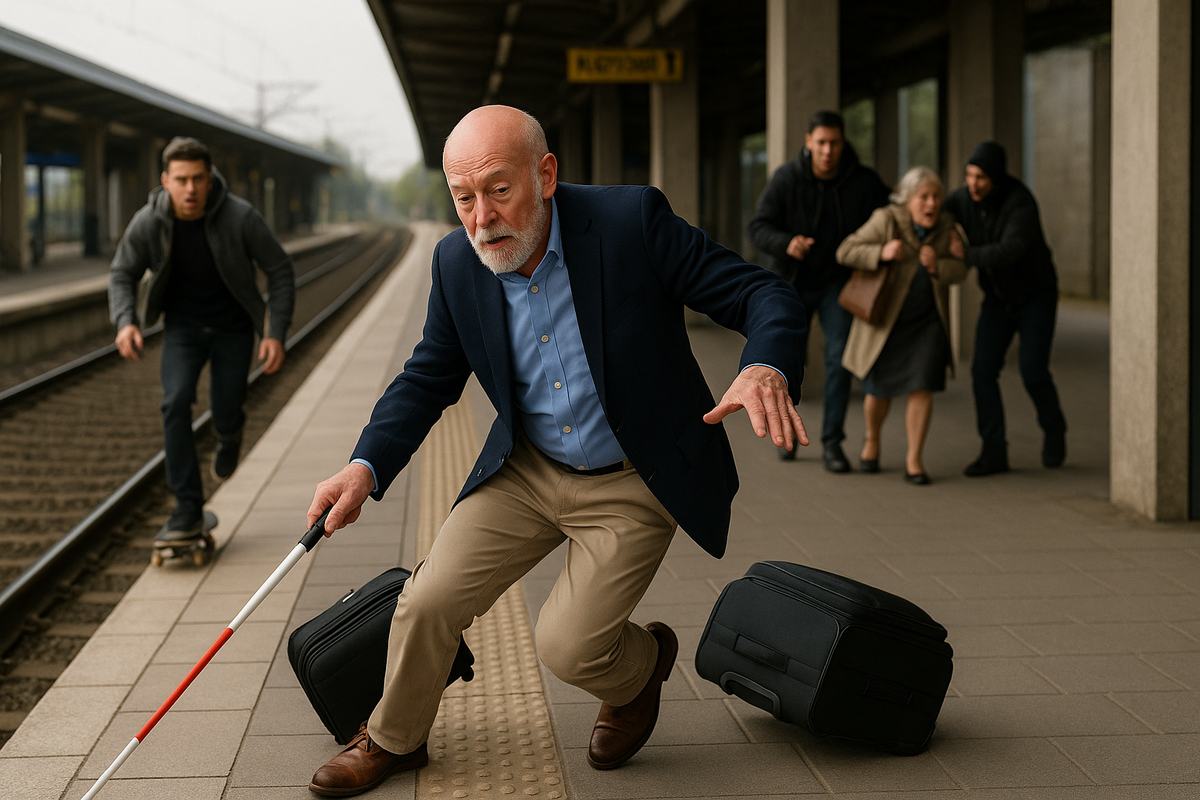 image of a blind man tripping over luggage on a chaotic station platform