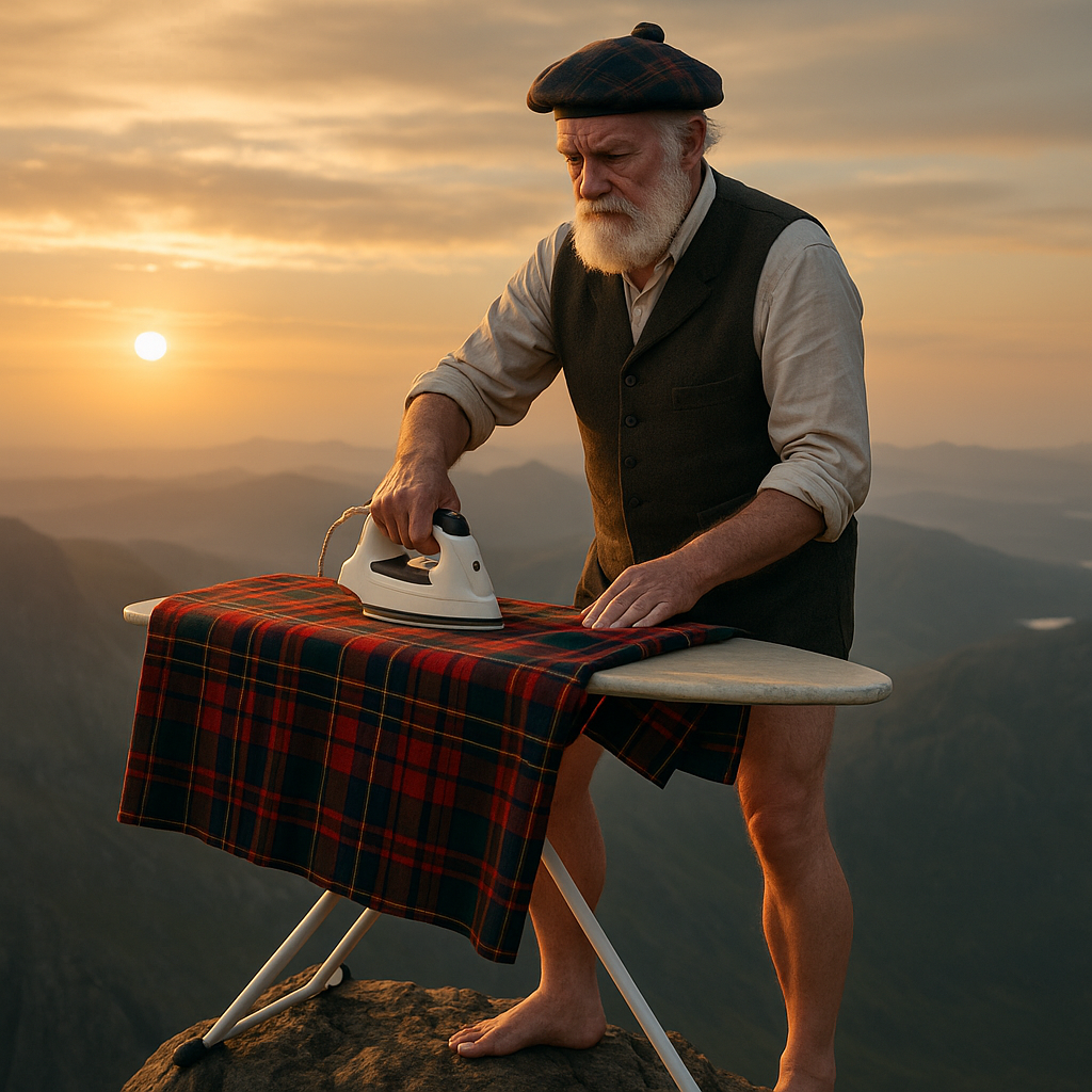 Image of a Scotsman ironing his kilt on a precipitous mountain peak