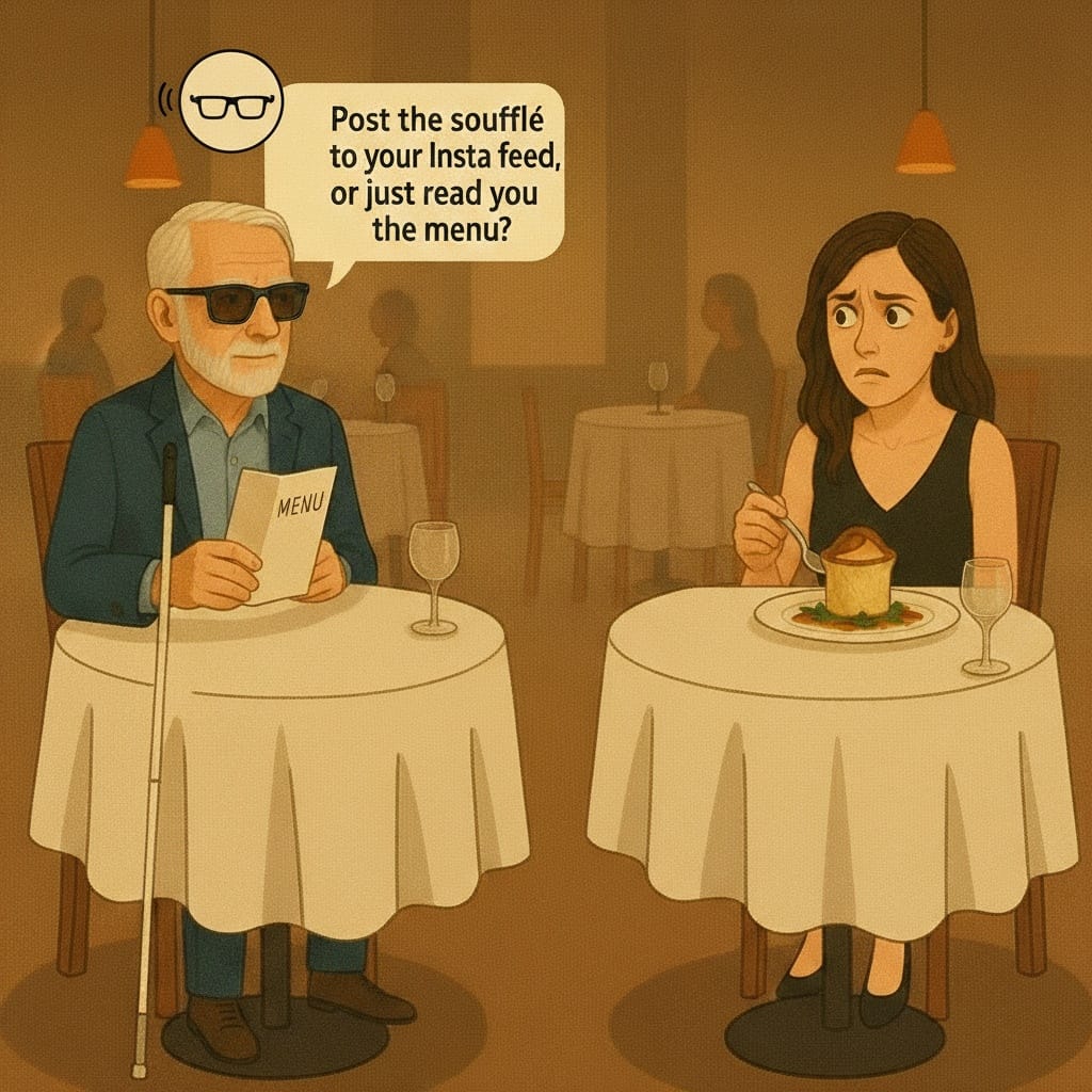 Image of a blind diner wearing smart glasses accidentally looking disconcertingly at another diner