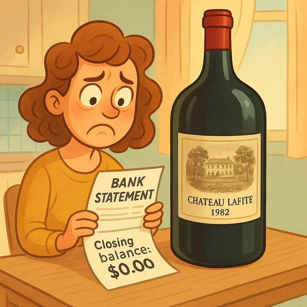 Image of a sad woman with no money and a huge bottle of Chateau Lafite 1982