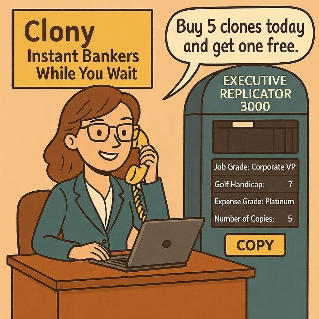 Image of an entrepreneur with a senior banker replication machine