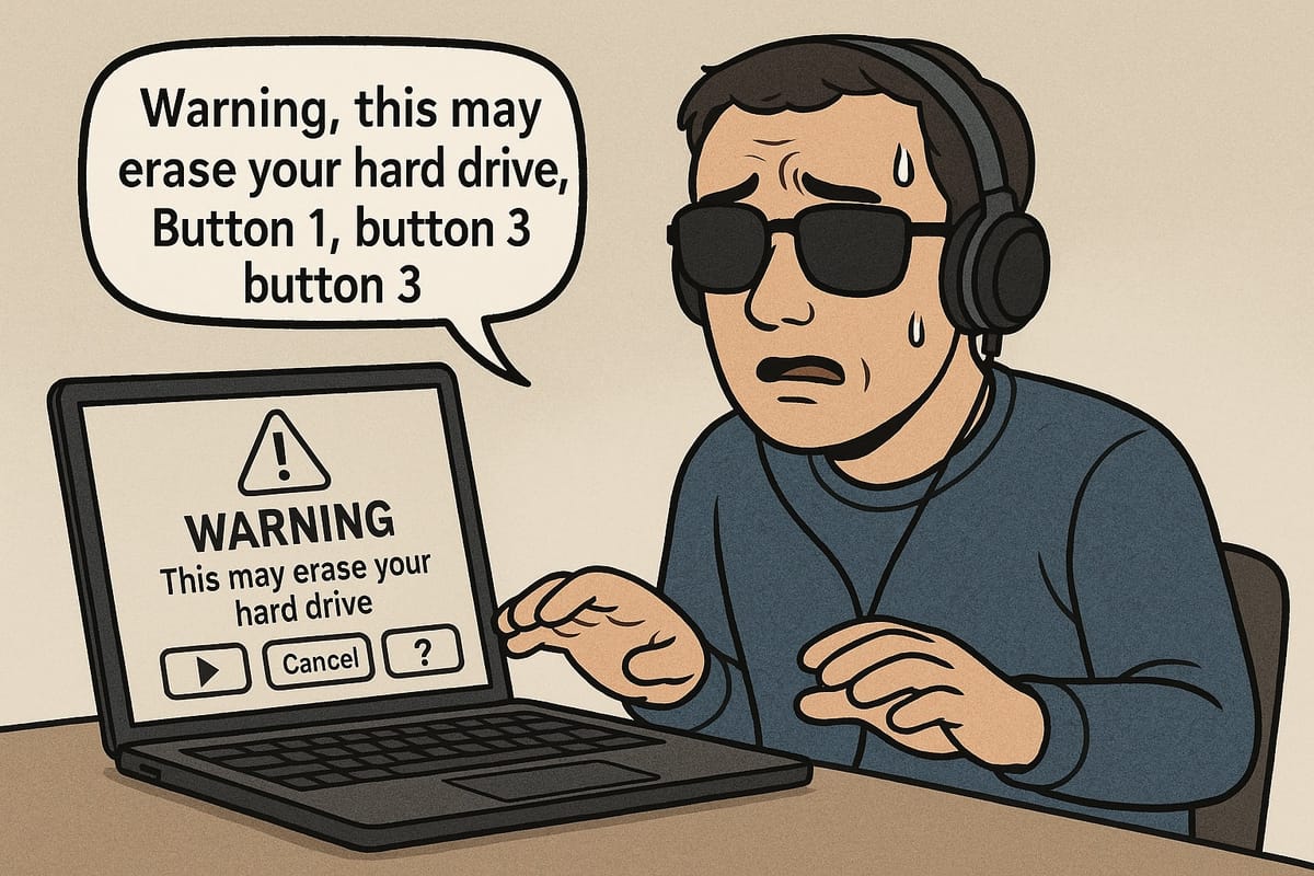  image captioned “Blindman’s Button Roulette” showing a blind computer user confronted by a dire warning dialog with unlabelled buttons.