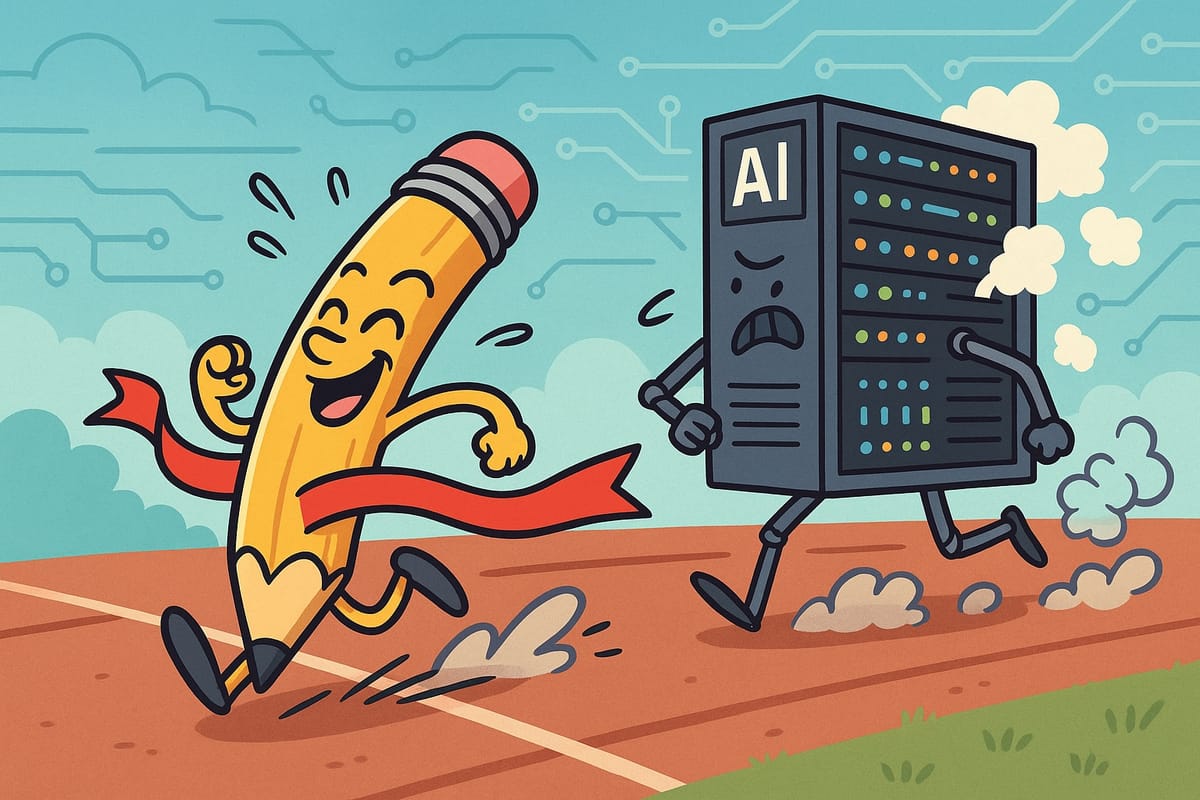 Cartoon image of a running race between a pencil and an AI computer