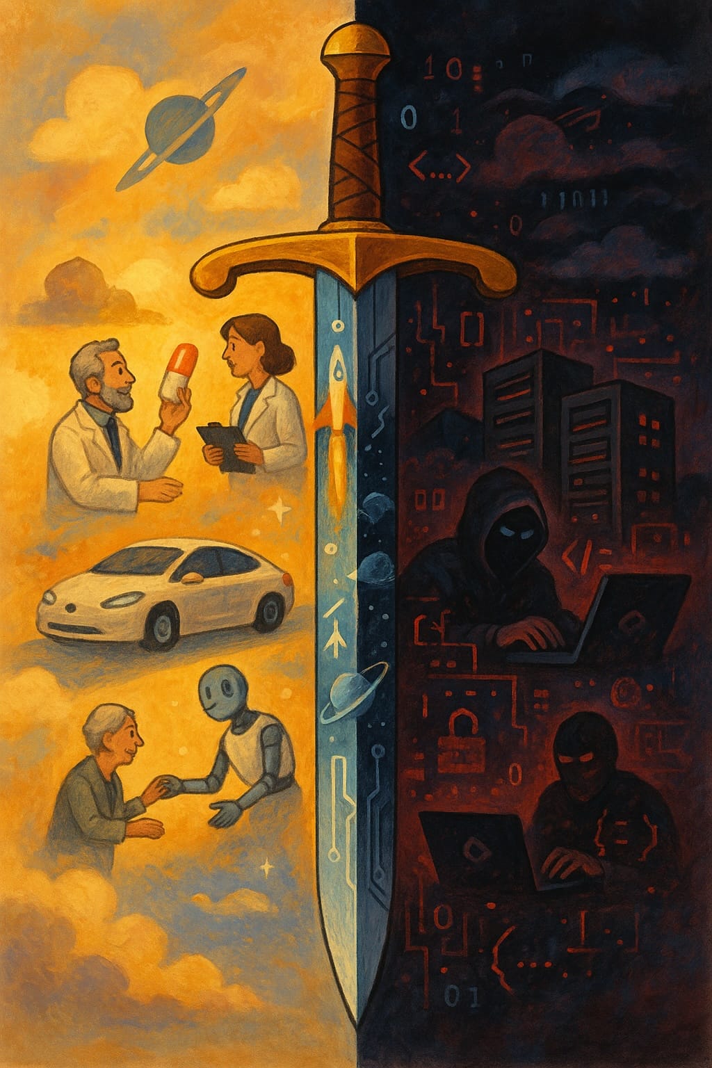 Image evoking Beneficial and harmful uses of AI bisected by a double edged sword