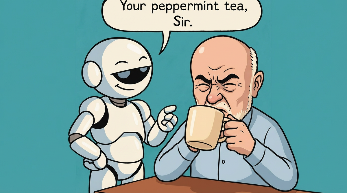 A cartoon image of the author wincing at the taste of a cup of allegedly peppermint tea  proffered by a humanoid robot