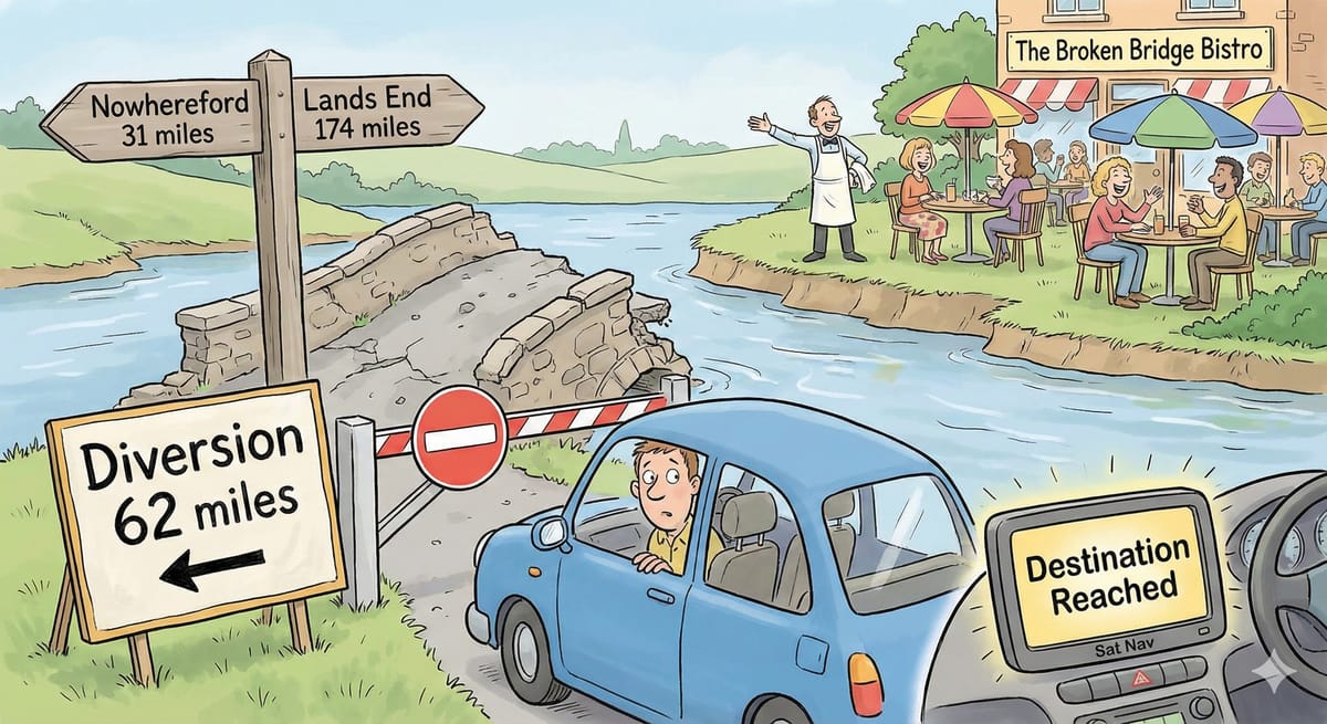 Whimsical image of a massive sat nav fail.
