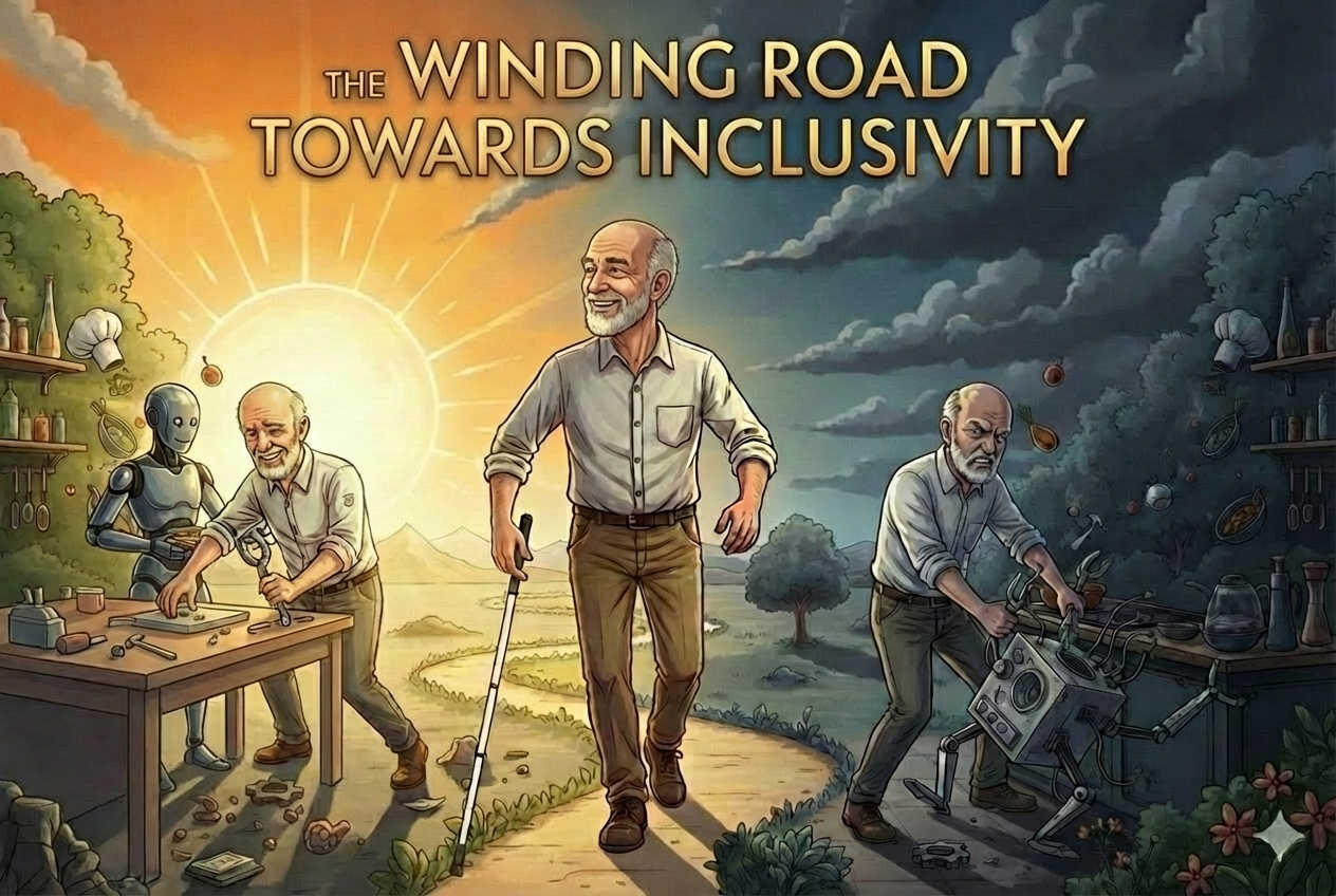 Image of the author walking from today’s inadequate AI tech towards a bright AI assisted future