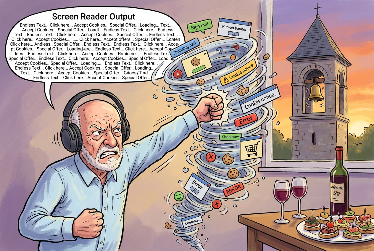 Whimsical image of a blind man fighting with browser accessibility while a glass of wine serenely awaits his attention