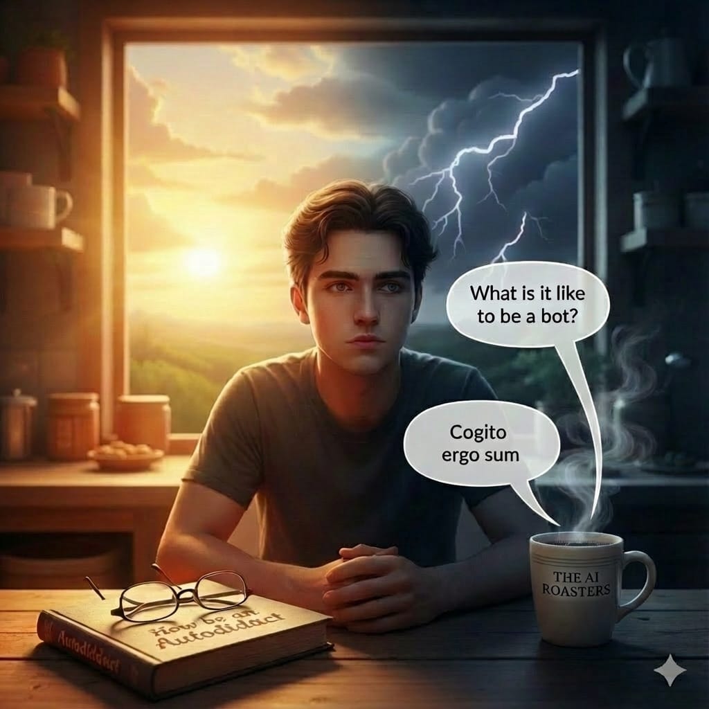 image of a young autodidact drinking AI brewed coffee which is exuding consciousness