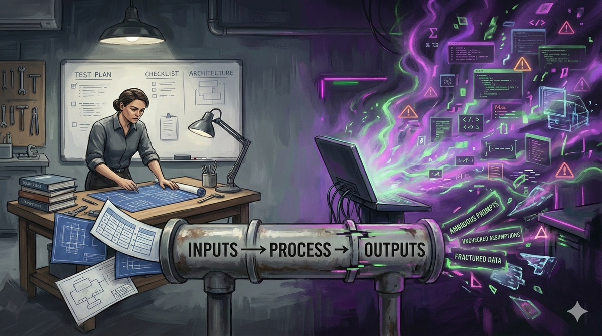 Image of a skilled engineer building with care alongside chaotic vibe coded output