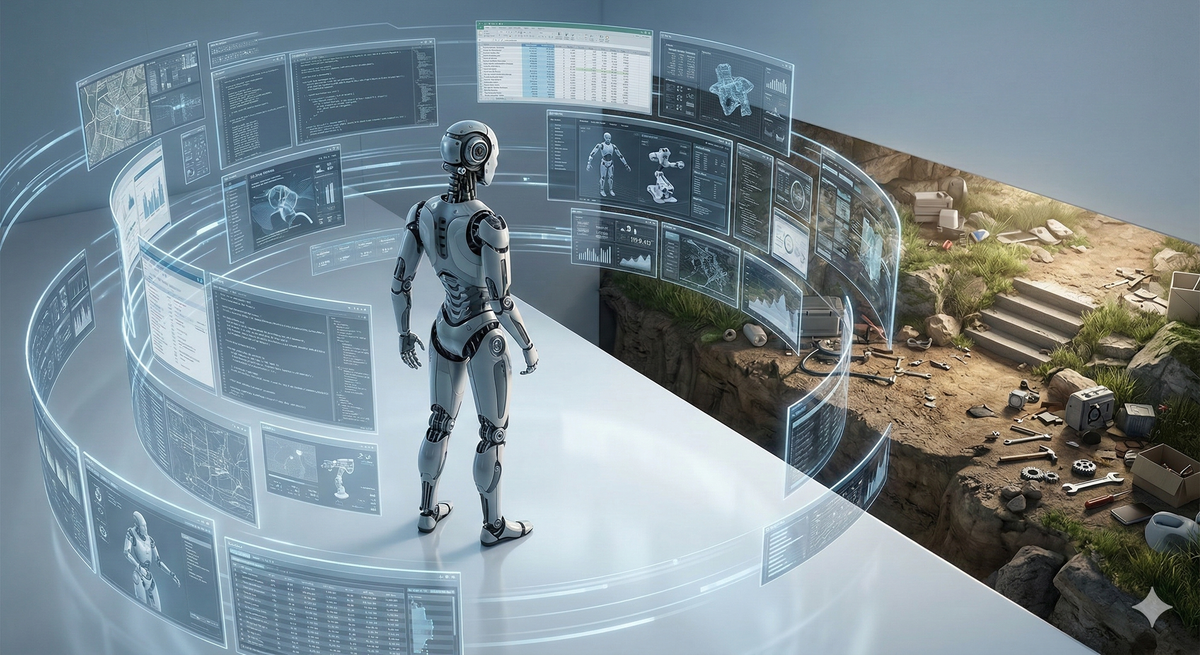 Image of humanoid robot on a sleek, sterile control platform disconnected from the surrounding messy and rough real world